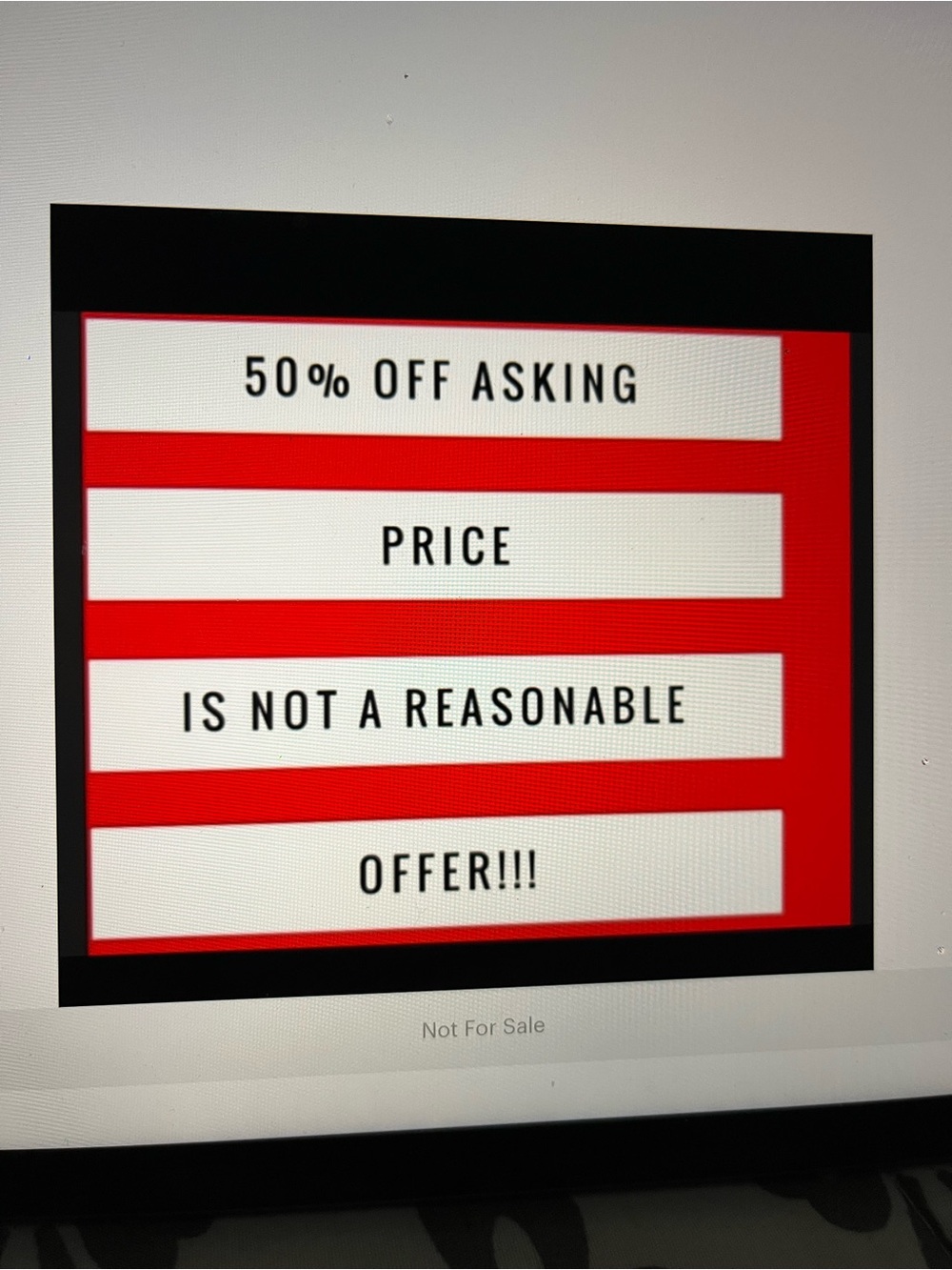 Red & White Graphic Sign "50% OFF ASKING PRICE"